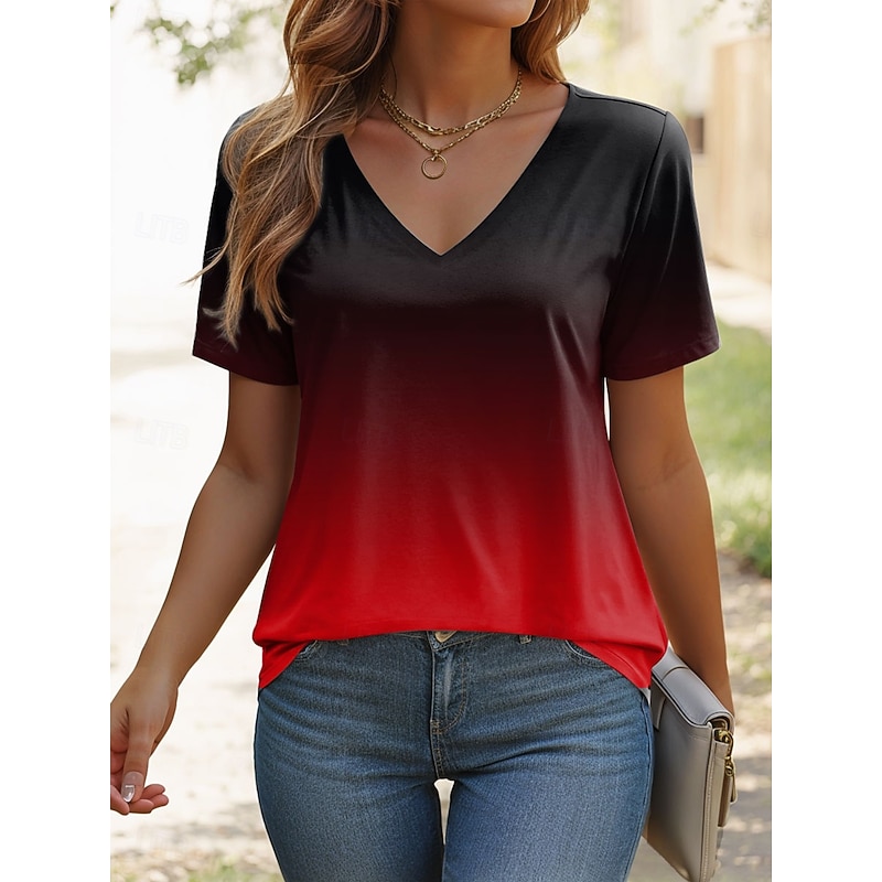 Women's T Shirt Ombre Graphic Stylish Casual Short Sleeve V Neck Regular Tops Daily Print Red Blue Purple Green Summer