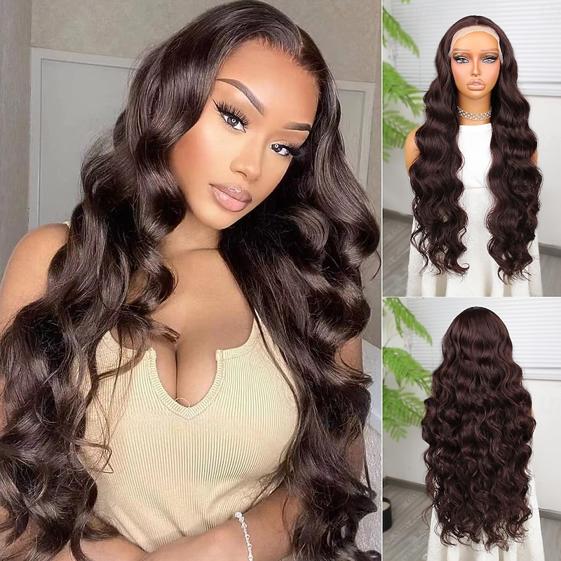 Synthetic Lace Wig Body Wave Style 30 inch Brown Middle Part 13x4 Lace Front Wig Women's Wig Dark Brown - Main Image