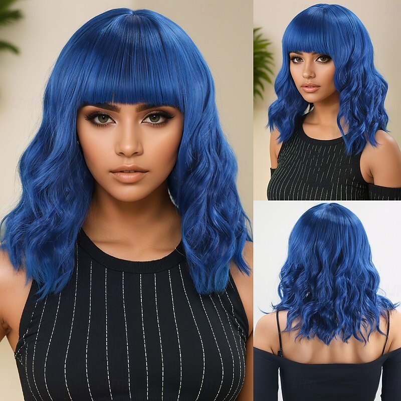Women's Synthetic Wig Deep Wave Water Wave Asymmetrical Neat Bangs 16 Inch A1 Comfort Classic Machine Made Blue