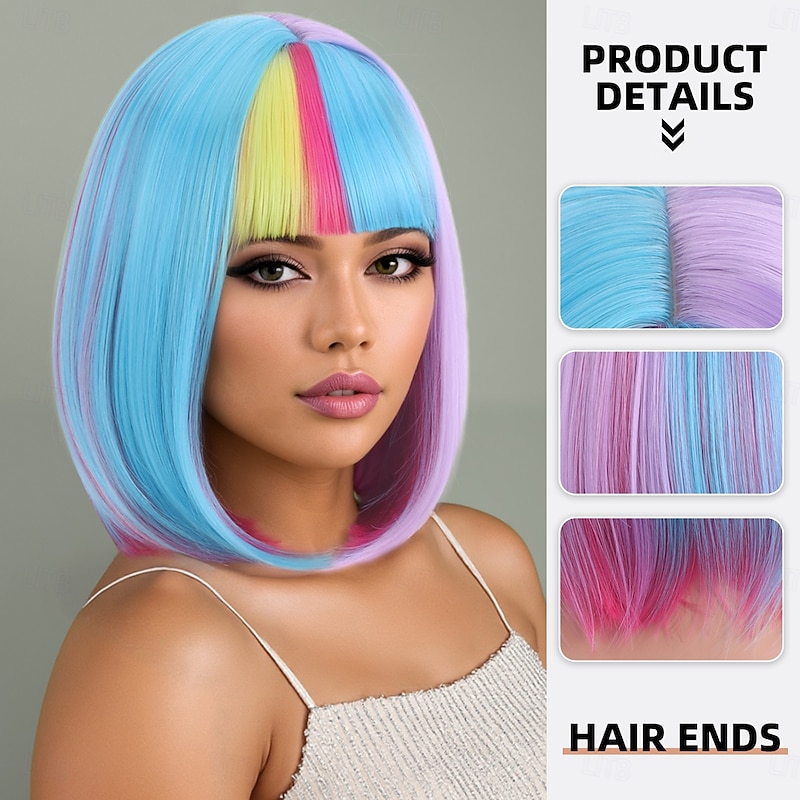 Synthetic Wig kinky Straight Natural Straight Layered Haircut Neat Bang Machine Made Wig 12 inch A1 Synthetic Hair Women's Soft Classic Color Gradient Mixed Color2