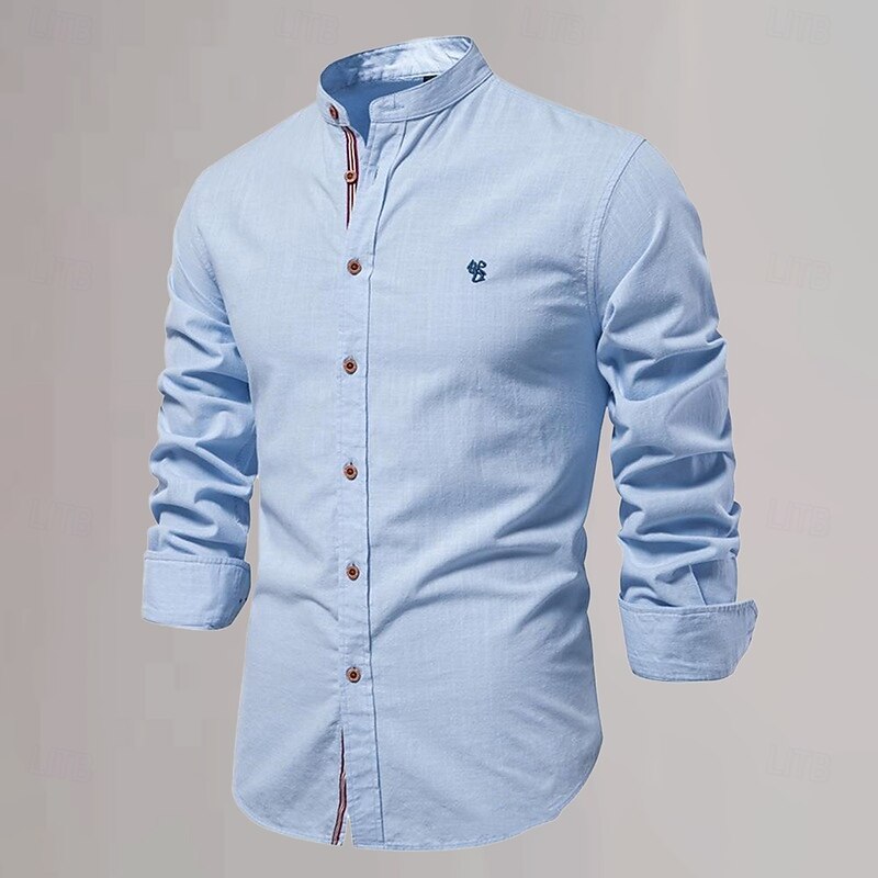 Men's Chinese Collar Shirt Mandarin Collar Shirt Cotton Linen Shirt Plain Vacation Casual Daily Black White Light Green Dark Blue Long Sleeve Grandad Collar Clothing Apparel4