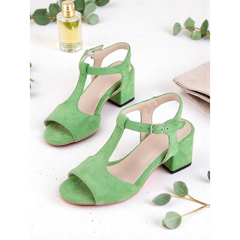 Women's Green Chunky Heel Sandals – Retro T-Strap Open Toe Faux Suede Shoes for Summer Workwear & Casual Street Style