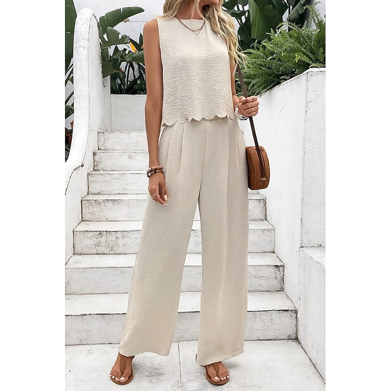 Women's Active Streetwear Blouse Pants Sets Sleeveless Crew Neck Solid Color Backless Going out Weekend Black Dark Navy Orange Summer Regular Fit2