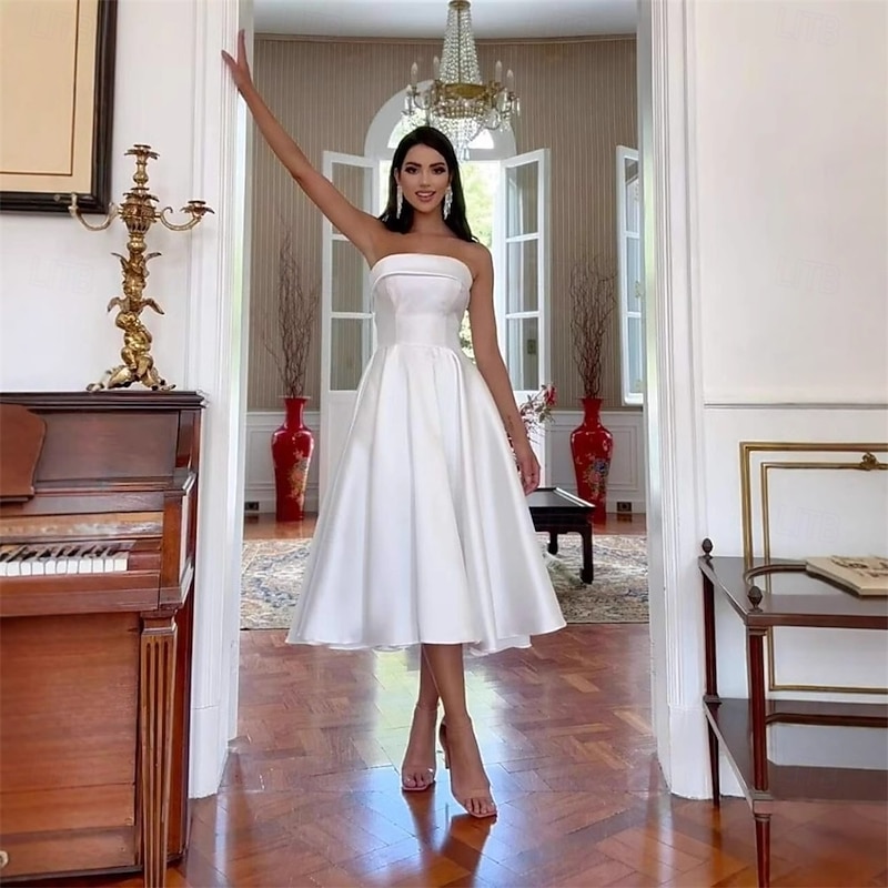 Hall Royal Style Little White Dresses Wedding Dresses A-Line Off Shoulder Sleeveless Tea Length Satin Bridal Gowns With Solid Color