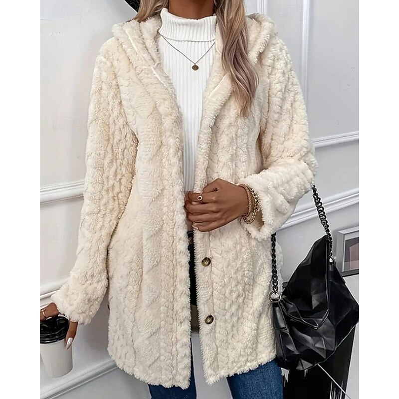 Women's Fleece Jacket Coat Warm Comfortable Buttons Elegant Fashion Outdoor Plain Going out Casual Daily Weekend Single Breasted Regular Hooded Regular Fit Long Sleeve Outerwear Black White Apricot4