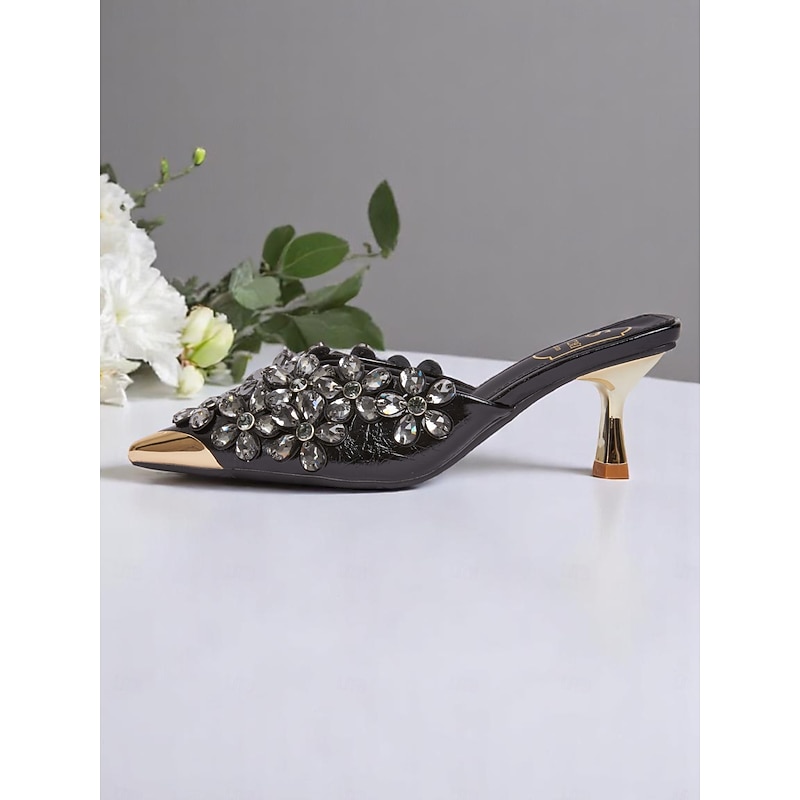 Women's Black Embellished Pointed-Toe Mules – Rhinestone Floral Slip-On Heels with Gold-Tone Accents for Elegant Cocktail Parties and Evening Events4
