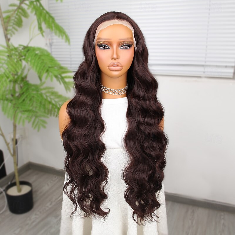 Synthetic Lace Wig Body Wave Style 30 inch Brown Middle Part 13x4 Lace Front Wig Women's Wig Dark Brown3