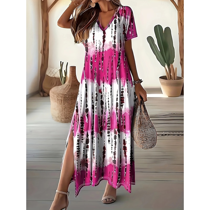 Women's Maxi Dress Shift Dress Casual Daily Loose Fit Color Block Short Sleeve V Neck Pink Purple Gray Summer2