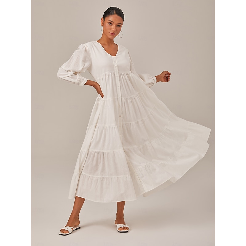Women's Linen Cotton Blend White Dress Button V Neck Solid Color Boho Maxi Dress