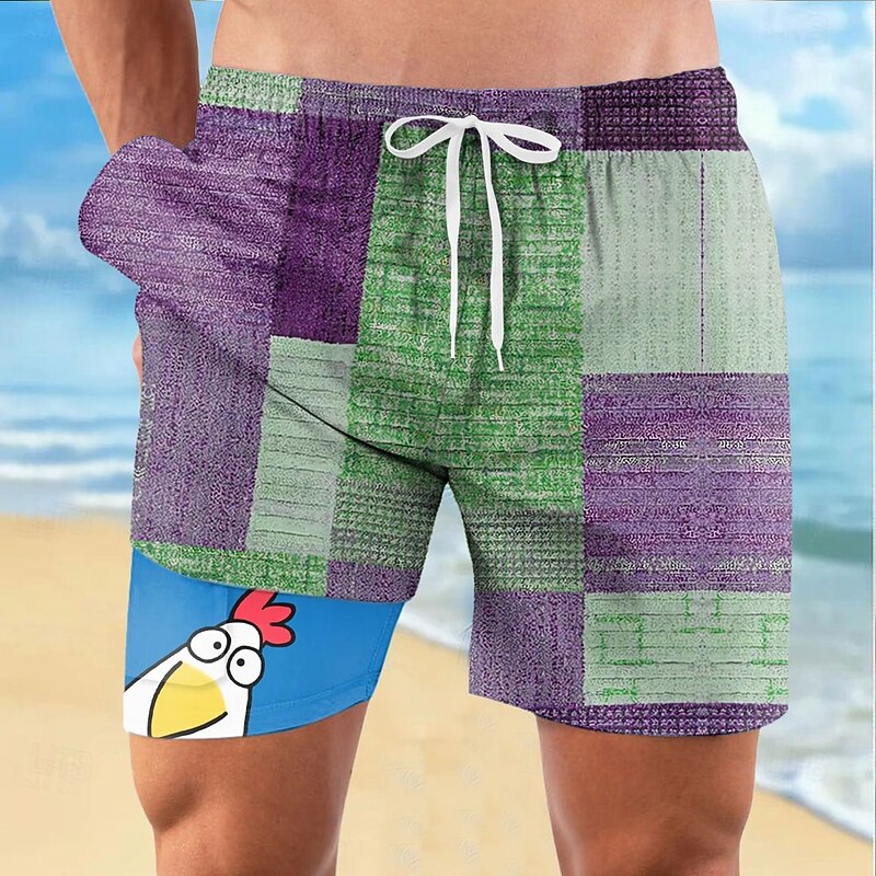 Men's Color Block Rooster Funny Lined Shorts 2 in 1 Board Shorts Swim Shorts Mid Waist Hawaiian Vacation Holiday Beach Wear Side Pockets With Compression Liner Elastic Drawstring Waist Designer4