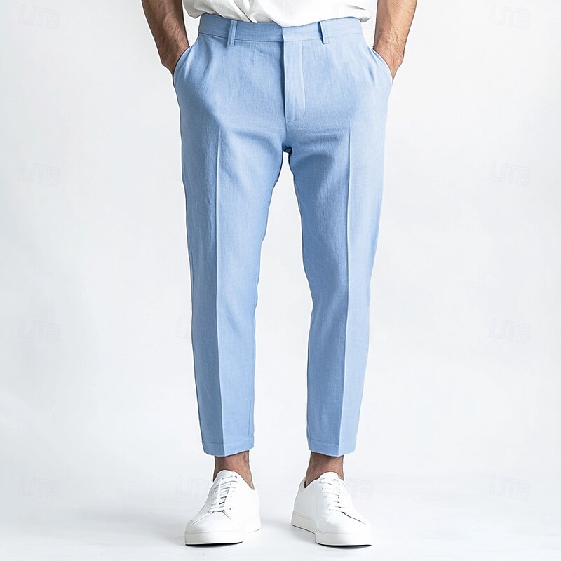 Men's Linen Pants Dress Pants Summer Trousers Straight Leg Plain Breathable Casual Daily Standard Fit Black White Blue