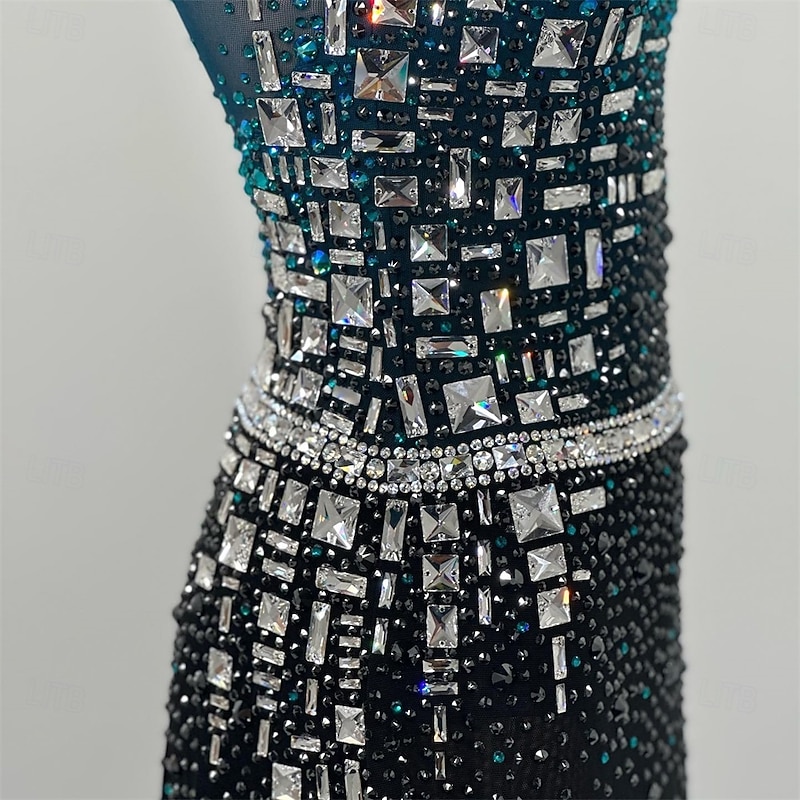 Figure Skating Dress Women's Girls' Ice Skating Dress Lake Blue Patchwork Asymmetric Hem Mesh High Elasticity Training Competition Skating Wear Classic Crystal / Rhinestone Long Sleeve Ice Skating2