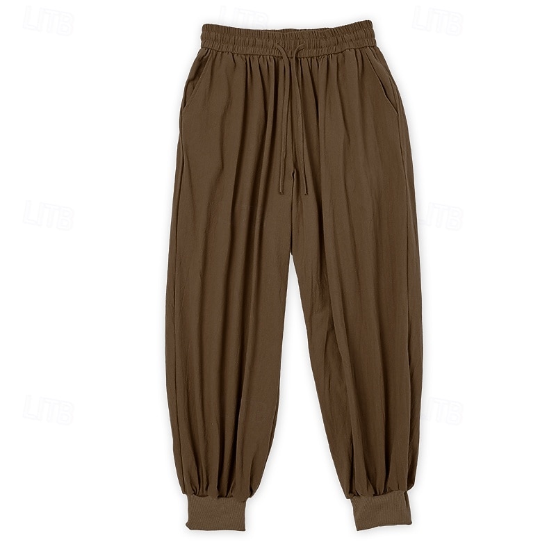 Men's Linen Pants Trousers Summer Pants Baggy Pants Drawstring Elastic Waist Wide Leg Plain Comfort Breathable Full Length Outdoor Yoga Gym Fashion Retro Vintage light coffee Micro-elastic4
