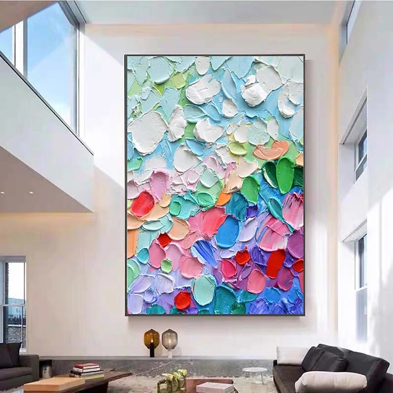 oil painting handmade  Colorful Dots Oil Painting on Canvas hand painted Modern Textured Wall Art 3D Floral Painting Contemporary Art Large oil painting Wall Art Living Room wall Decor - Main Image