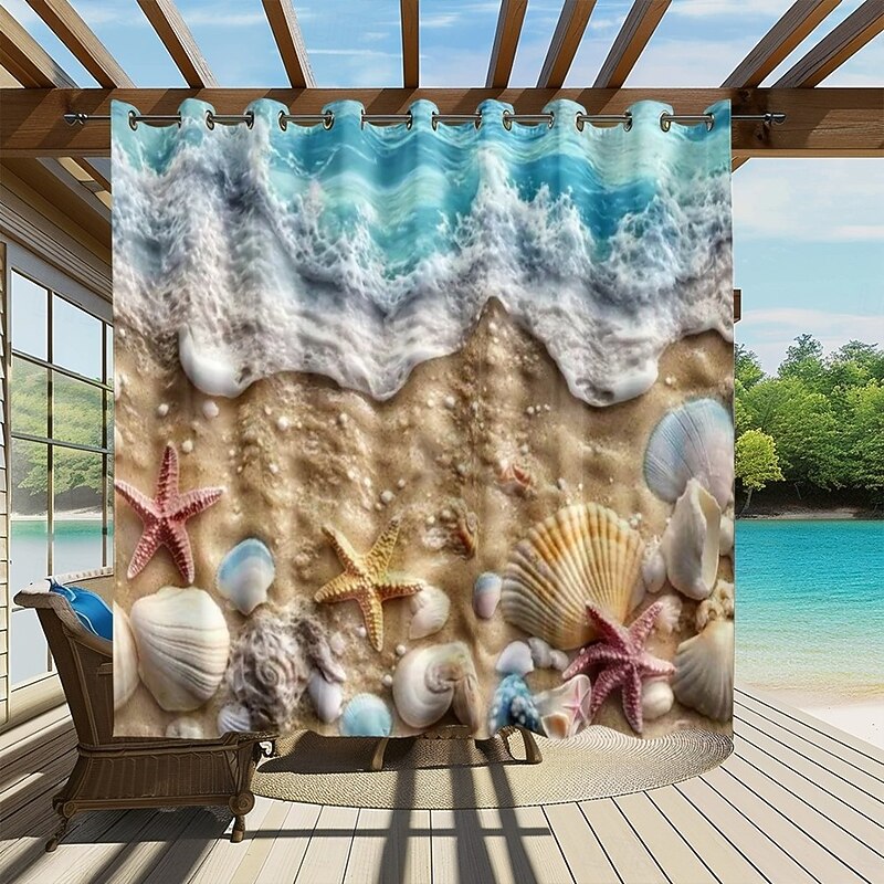 Waterproof Outdoor Curtain Privacy, Sliding Patio Curtain Drapes, Pergola Curtains Grommet 3D Ocean Beach Landscape For Gazebo, Balcony, Porch, Party, 1 Panel3