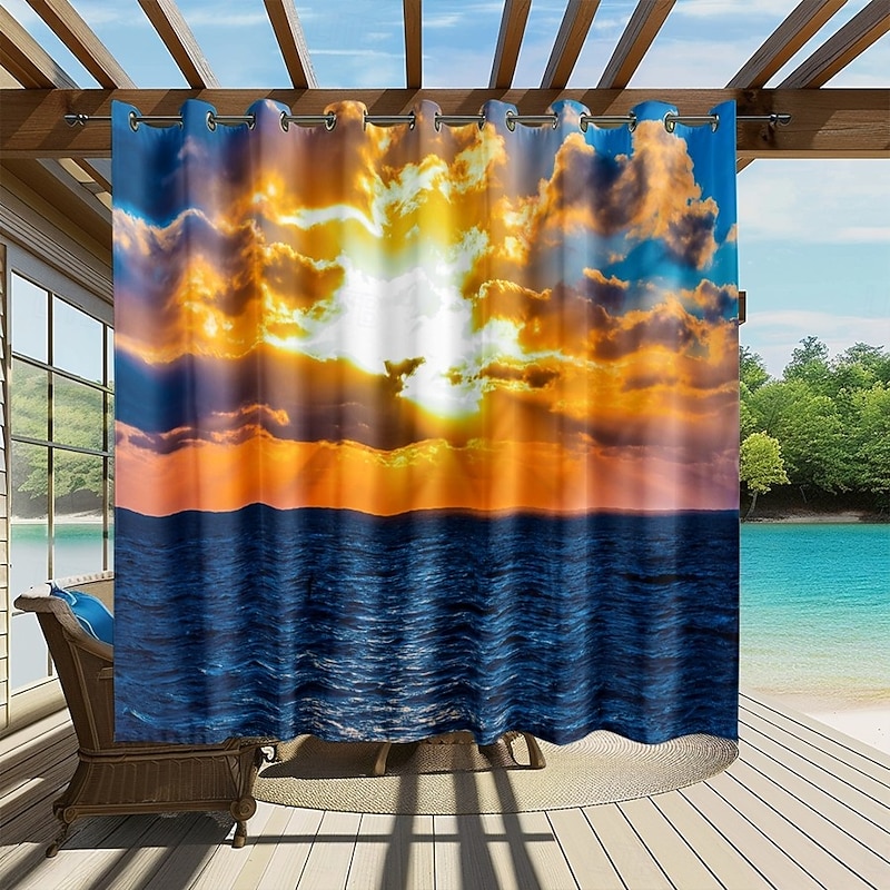 Waterproof Outdoor Curtain Privacy, Sliding Patio Curtain Drapes, Pergola Curtains Grommet 3D Summer Beach Sunset Landscape For Gazebo, Balcony, Porch, Party, 1 Panel3