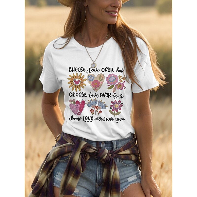 Women's T Shirt Heart Floral Graphic Vintage Stylish Classic Short Sleeve Crew Neck Round Neck Regular Tops Daily Print Black White Pink Light Blue Summer Spring Be Kind4