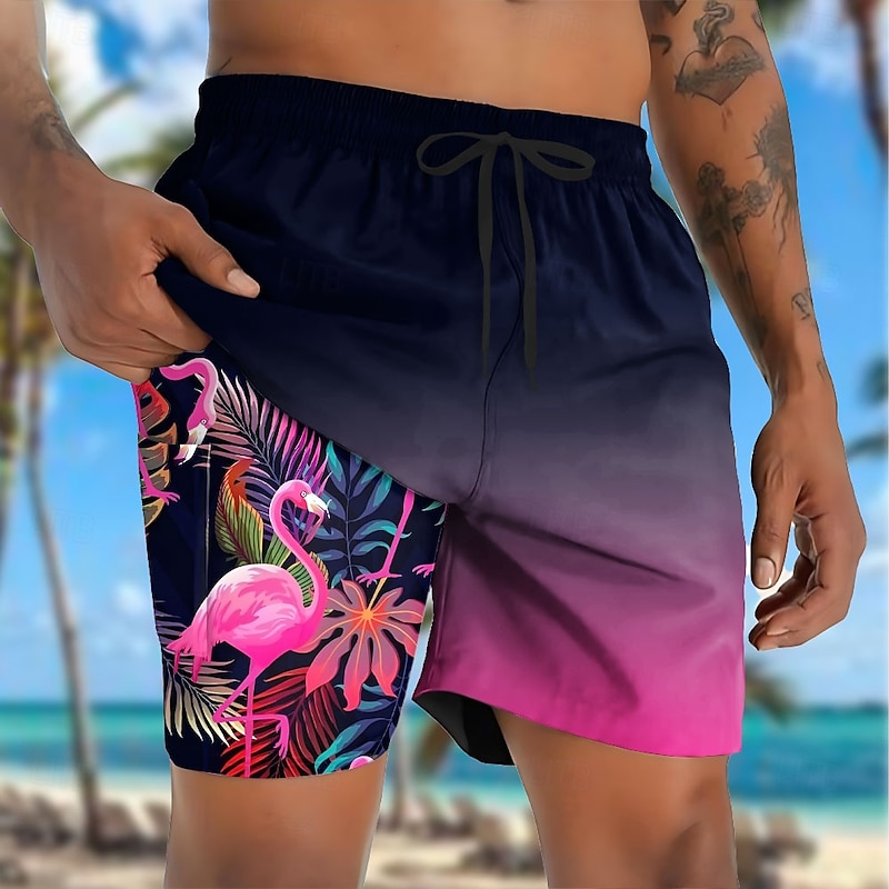 Men's Flamingo Bird Lined Shorts 2 in 1 Board Shorts Swim Shorts Mid Waist Hawaiian Vacation Holiday Beach Wear Side Pockets With Compression Liner Elastic Drawstring Waist Designer Clothing Apparel4