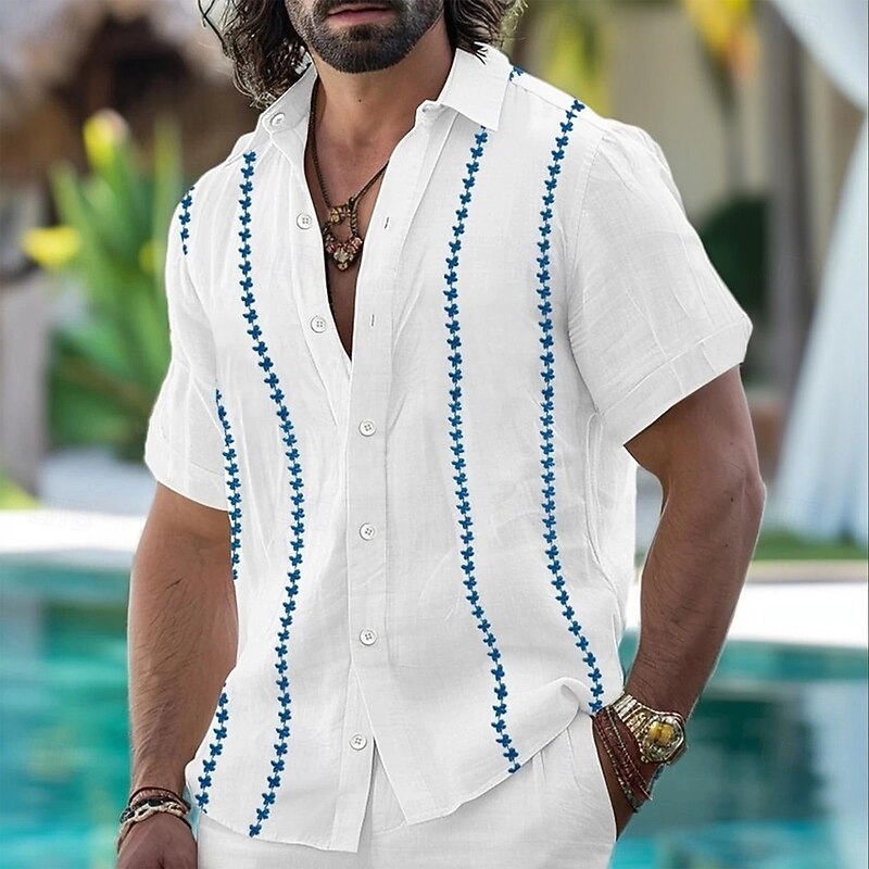 Men's Geometric Striped Shirt Guayabera Shirt Button Up Shirt Short Sleeve Fashion Casual Vacation Dailywear Beach Wear Summer Spring Turndown 3D Print Collared Shirts White