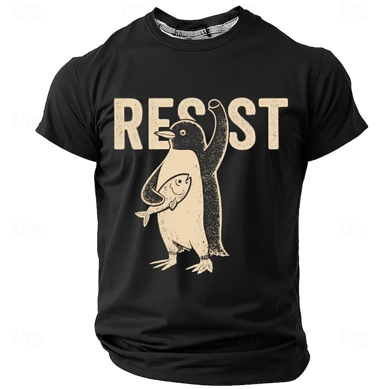 Men's Graphic T-Shirt: Resist Penguin with Fish Design - Short Sleeve Lifestyle Tee4