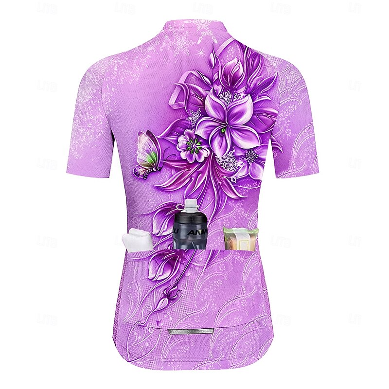 Women's Cycling Jersey Graphic Gradient Floral Botanical Short Sleeve Bike Jersey Top with 3 Rear Pockets Sunscreen UV Resistant Quick Dry Reflective Strips Sports Purple Clothing Apparel2