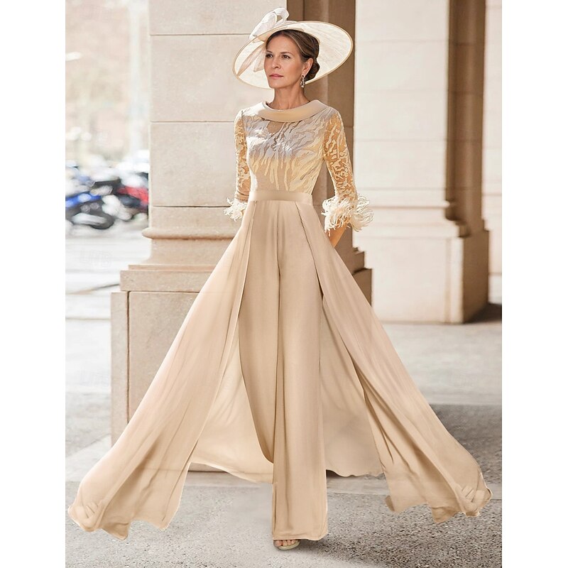 Jumpsuit Mother of the Bride  Beach Wedding Elegant Vintage Jewel Neck Floor Length Chiffon Half Sleeve with Feather Sequin Appliques4