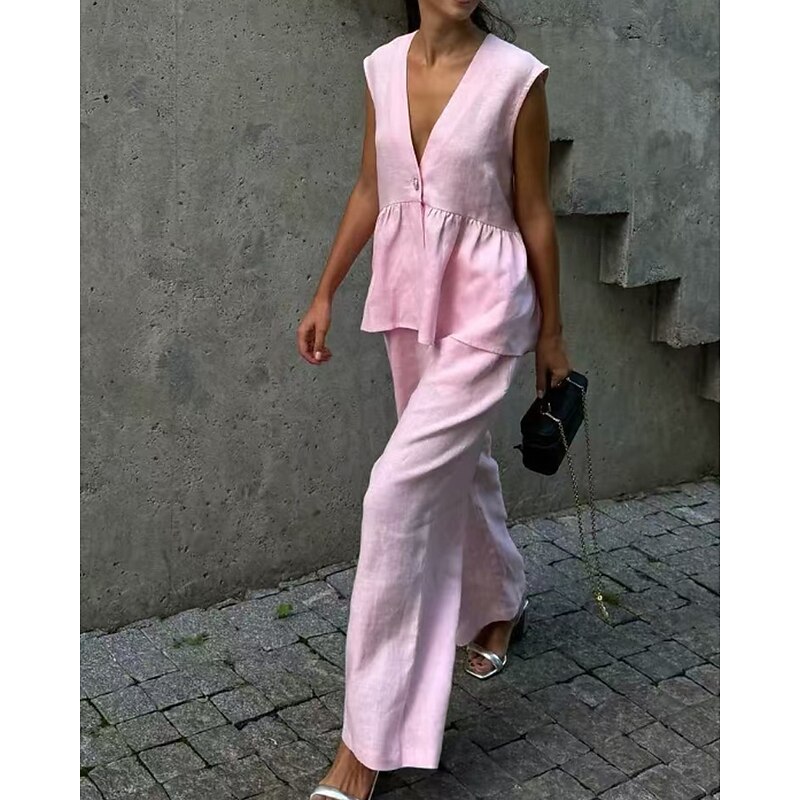 Women's Active Fashion Cotton Linen Sets Blouse Vest Sleeveless V Neck Solid Color Dubbele Rij Knopen Date Casual Daily Black Pink Light Blue Summer Regular Fit3