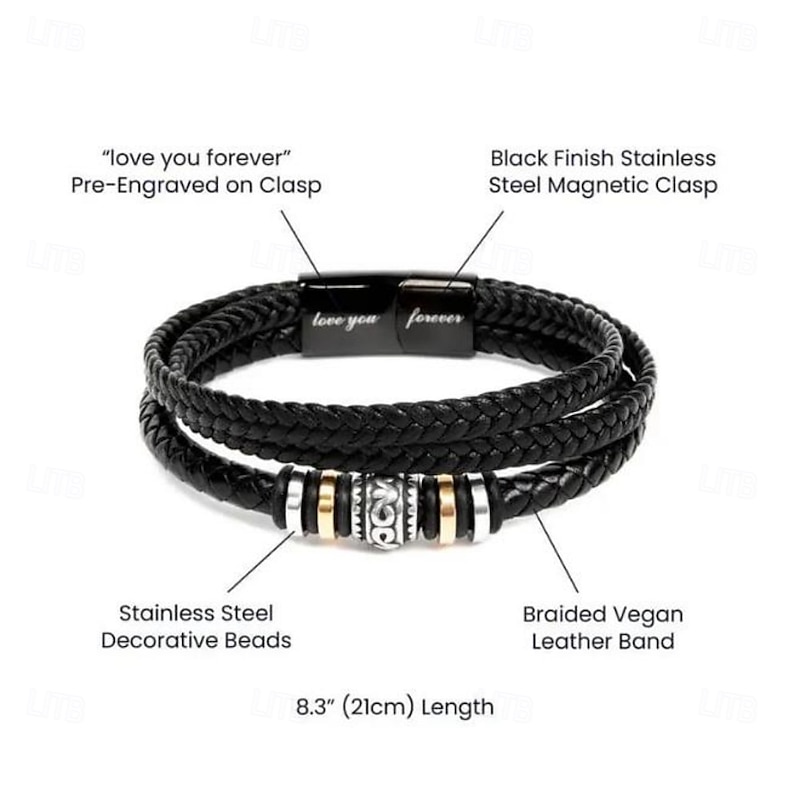 To My Son Bracelet, Stainless Steel and Leather Bracelet for Men, Christmas Gift for Son Laser Engraved Love You Forever Triple-Layer Braided Multilayer Wristband2