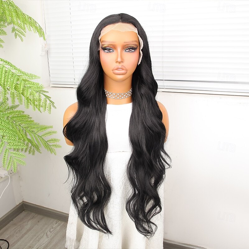 Synthetic Lace Wig Body Wave Style 30 inch Black Middle Part 13x4 Lace Front Wig Women's Wig Black3