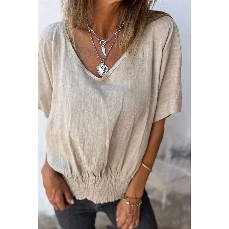 Women's Linen-Inspired Shirts Blouse Plain Modern Casual Half Sleeve V Neck Regular Tops Daily Holiday Going out Ruched Black White Brown Apricot Summer