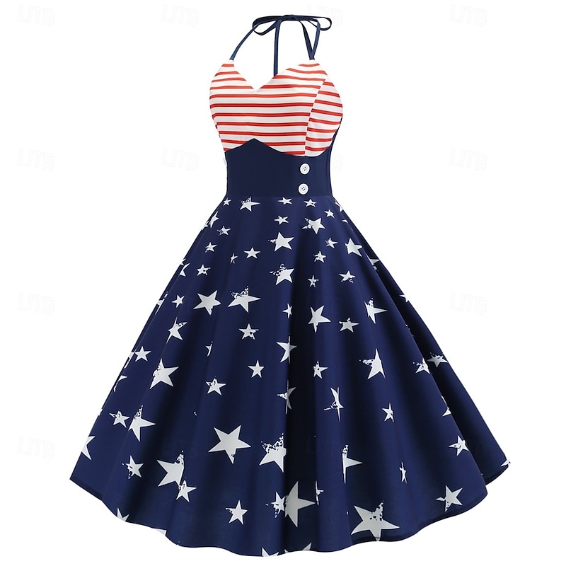 Retro Vintage 1950s Independence Day A-Line Dress Swing Dress Halter USA Flag Fancy Dress Women's Masquerade 4th of July Casual Daily Bachelorette Party Adults' Dress Summer2