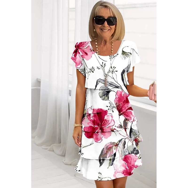 Women's Midi Dress Summer Dress Print Dress Elegant Daily Regular Fit Floral Geometric Short Sleeve Crew Neck Light Yellow Light Pink Bright pink Pink Summer