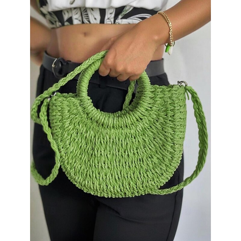 Women's Woven Straw Beach Bag with Round Handles and Long Strap – Boho Summer Handbag for Vacation, Travel and Casual Outfits Pink Orange Brown4