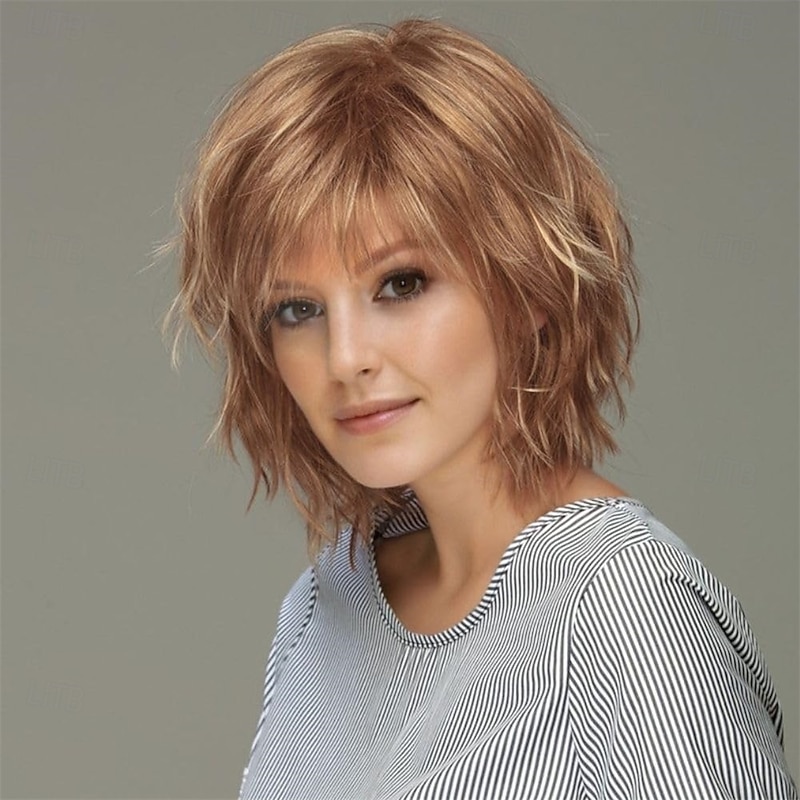 Womens Light Brown Short Wig with Bangs Layered Natural Fluffy Hair Wig for Daily Party Use