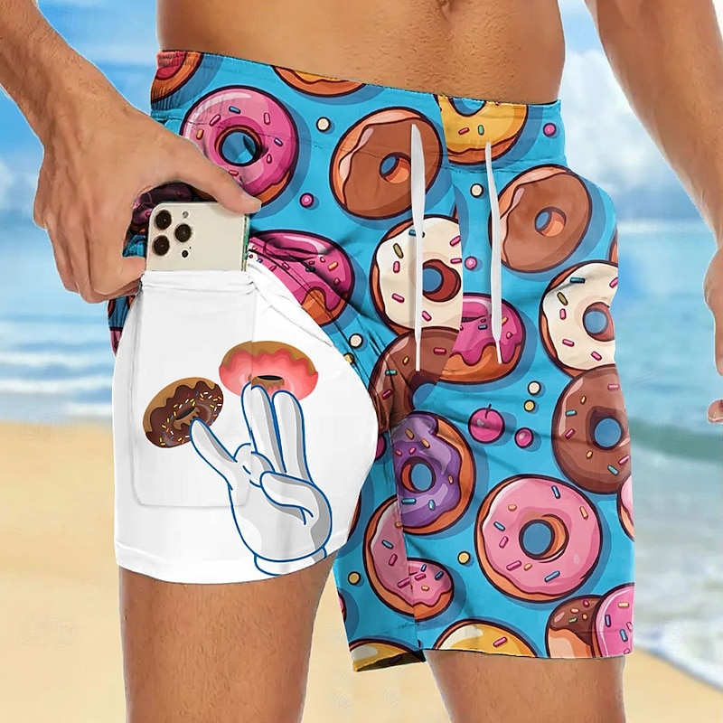 Men's Novelty Donuts Lined Shorts 2 in 1 Board Shorts Swim Shorts Mid Waist Hawaiian Vacation Holiday Beach Wear Side Pockets With Compression Liner Elastic Drawstring Waist Designer Clothing Apparel