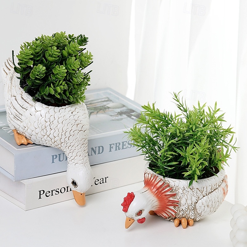 Planter Pots Resin Figurine for Succulent, Rooster and Duck Planter, Garden Yard Decoration, Simple Style Outdoor Indoor Decor, Cute Animal Succulent Pots