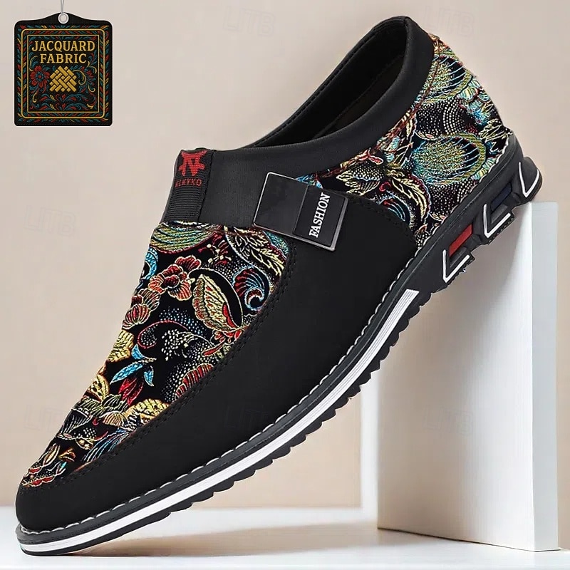 Men's Black and Multicolor Jacquard Slip-On Sneakers – Stylish Jacquard Fabric Shoes for Casual and Smart-Casual Events