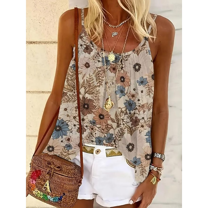 Women's Blouse Floral Graphic Paisley Daily Sleeveless Strap Scoop Neck Regular Tops Daily Holiday Beach Wear Print Maroon Blue Orange Khaki Summer Spring4