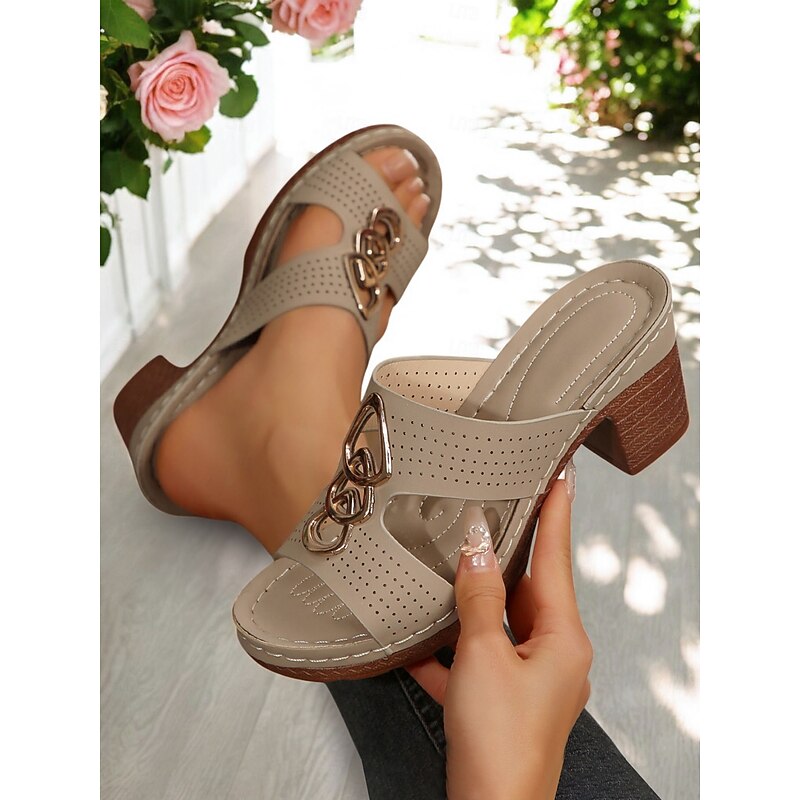 Women's Cutout Sandals with Metallic Accents – Comfy Chunky Heel Mule Sandals  for Summer & Daily Use3