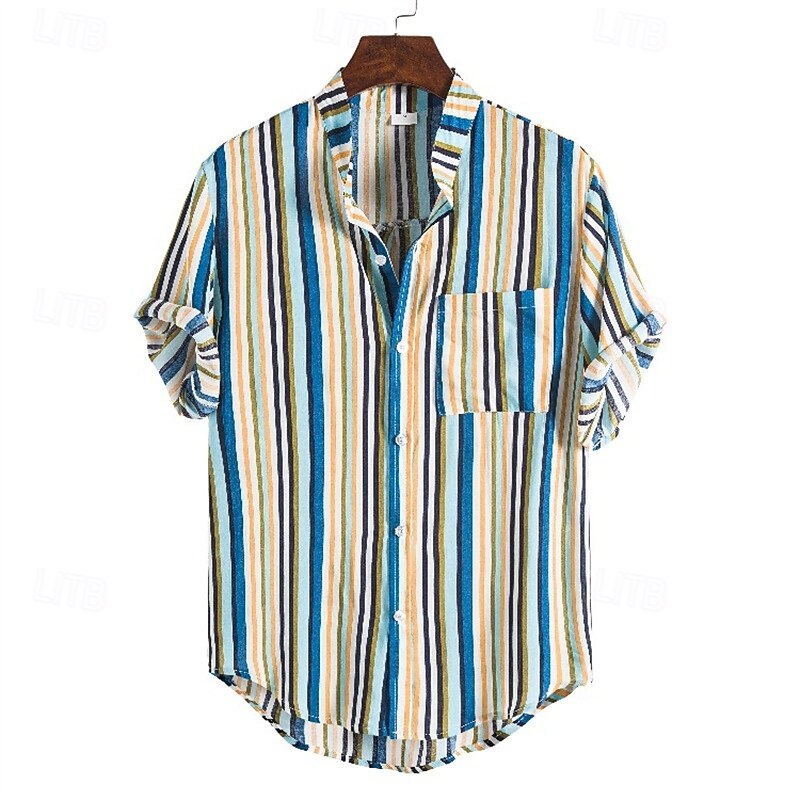 Men's Shirt Popover Shirt Summer Shirt Casual Shirt Beach Shirt Light Yellow Yellow Red Blue Dark Blue Short Sleeve Stripes Band Collar Vacation Hawaiian Pocket Clothing Apparel Cotton Blend Fashion3