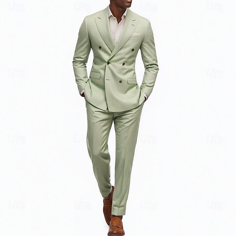 Men's Wedding Casual Suits Peaked Lapel Sage Fashion Solid Colored Standard Fit 2 Piece Double Breasted Six-buttons
