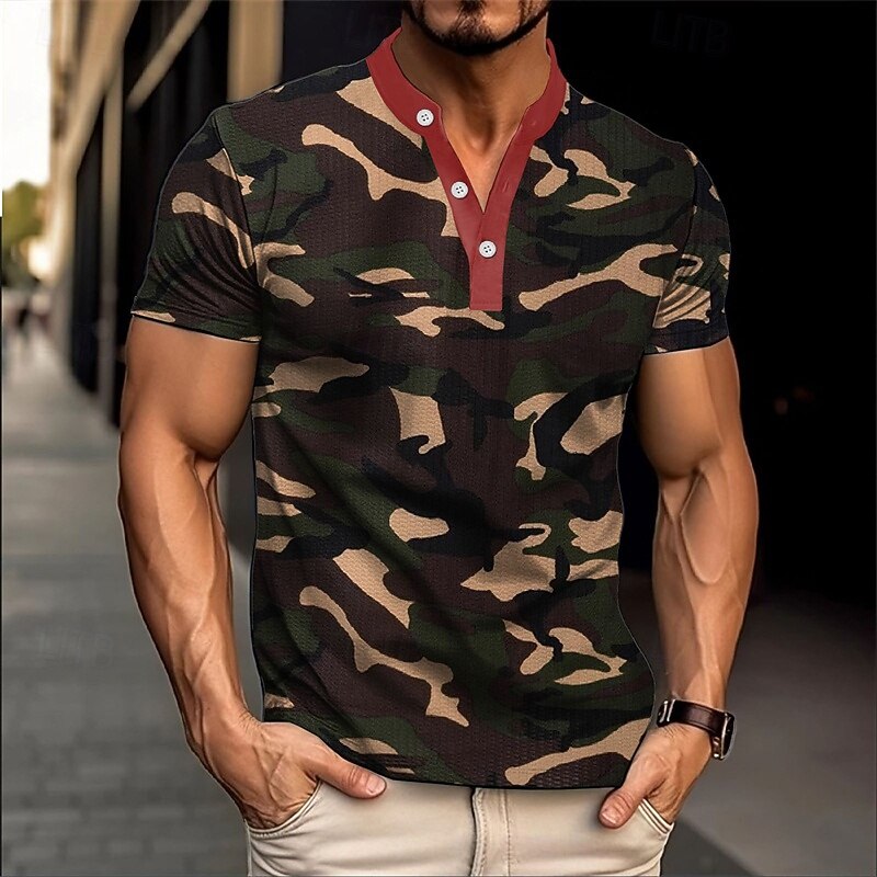 Men's T Shirt Henley Shirt Tee Short Sleeve Shirt Short Sleeve Crewneck Summer Camo / Camouflage Fashion Designer Basic Graphic Vacation Street Going out Dark Green Light Grey Military Green Top Tee4