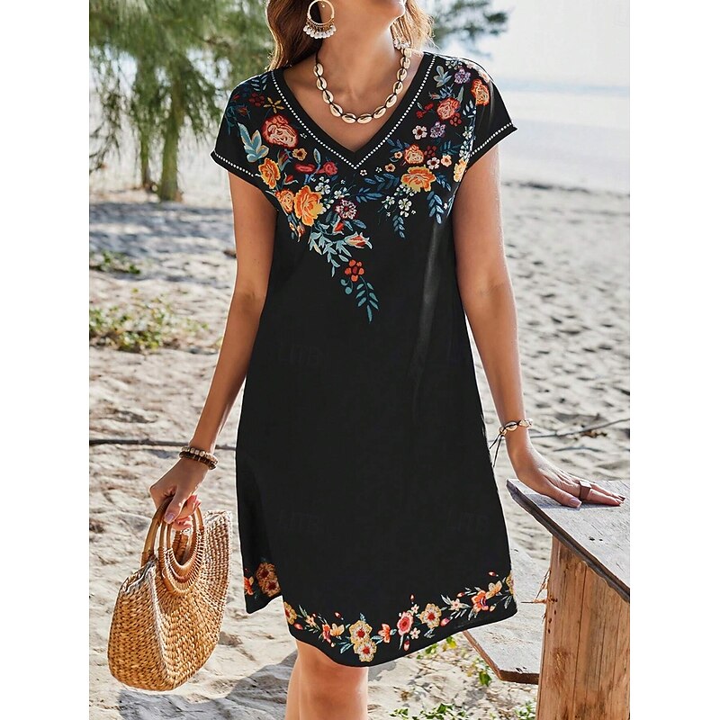 Women's Mini Dress T Shirt Dress Tee Dress A Line Dress Summer Dress Vacation Casual Daily Regular Fit Floral Graphic Short Sleeve V Neck Black Summer Spring