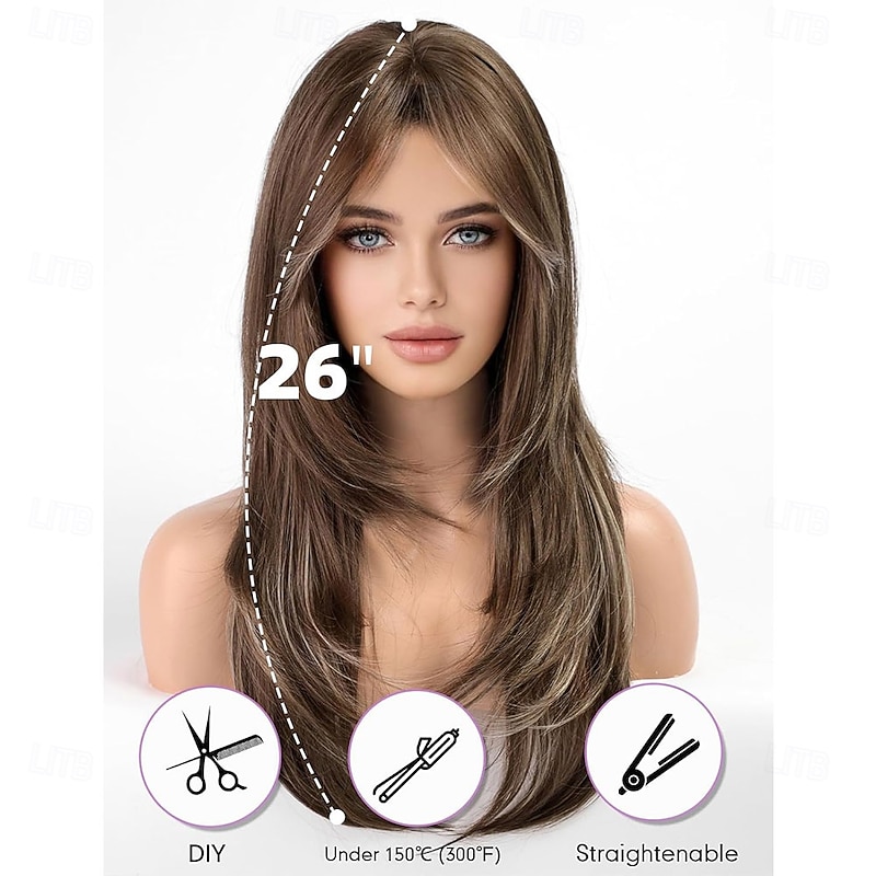 Natural Long Wigs for Women with Fringe Synthetic Heat Resistant Hair Ombre Brown Wig for Daily Party Cosplay Use3