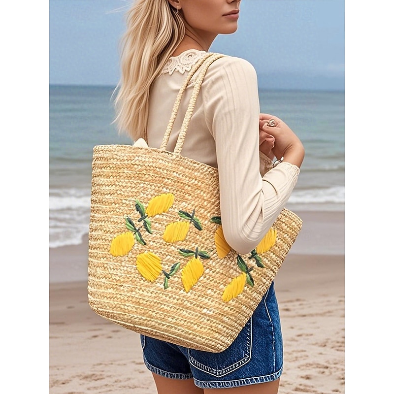 Women's Daisy Embroidered Straw Tote Bag - Summer Beach Tote Bag with Floral, Coconut Tree, Lemon Pattern, Casual Bohemian Style, Suitable for Vacation and Daily Use