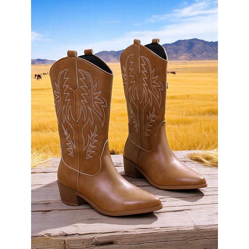 Women's Brown Bohemian Western Cowboy Boots – Classic Stitching with Block Heel for Music Festivals, Casual & Outdoor Wear2