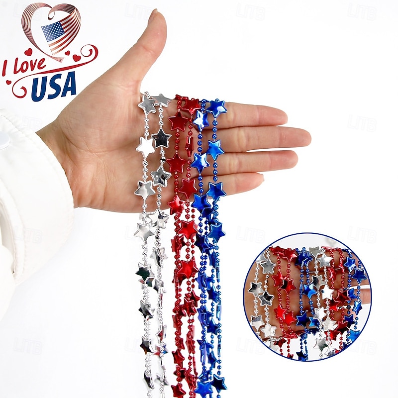 6pcs 4th of July Beads Necklaces Patriotic Star Bead Necklace for Independence Day Party Favors Carnival Decorations Accessories Supplies4