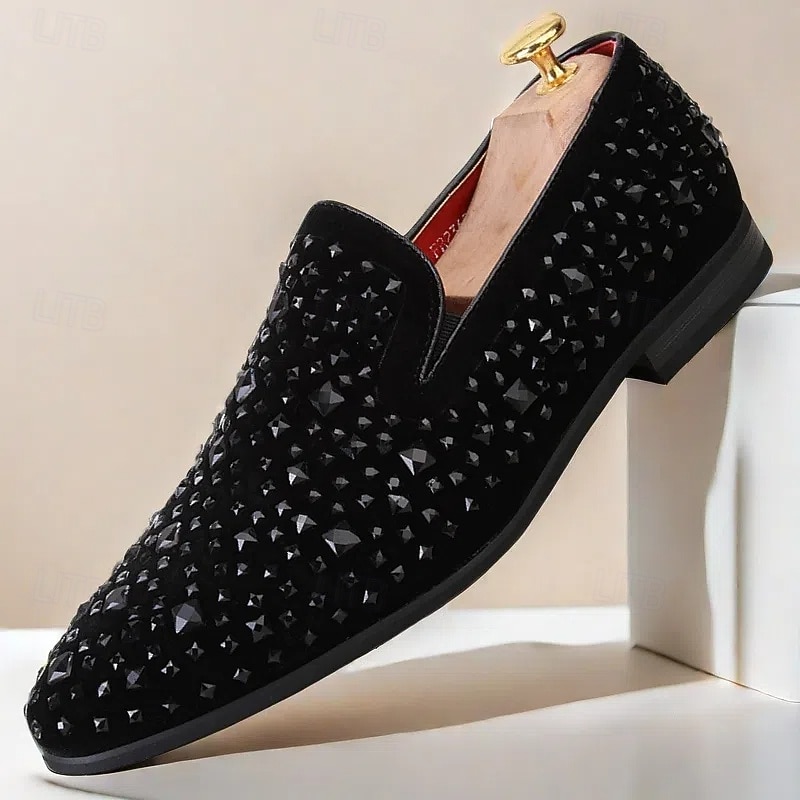 Men's Black Studded Velvet Loafers – Gothic Prom and Nightclub Dress Shoes with Punk Rock Style