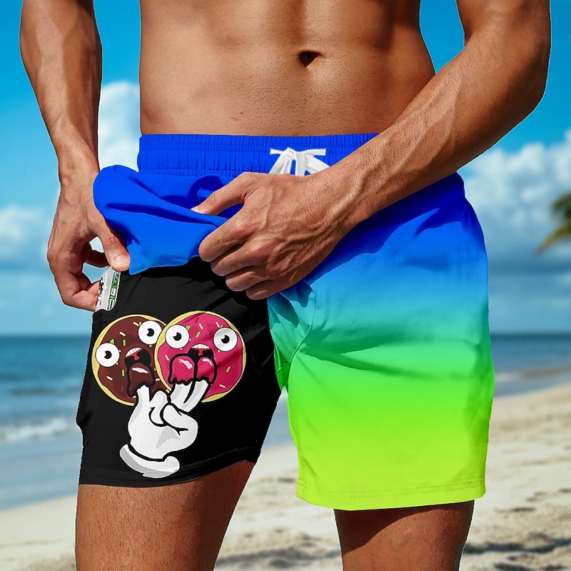 Men's Gradient Color Donuts Cartoon Hand Print Lined Shorts 2 in 1 Board Shorts Swim Shorts Mid Waist Hawaiian Vacation Side Pockets With Compression Liner Elastic Drawstring Waist Designer Clothing3