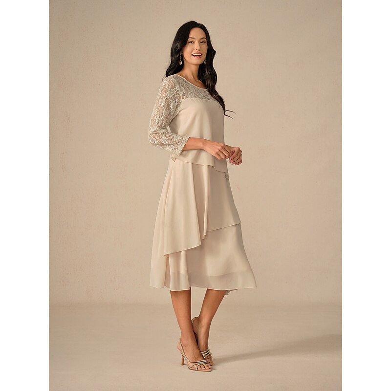 Women's Midi Dress Lace Dress Party Dress Cocktail Dress Wedding Guest Dress Elegant Party Vacation Wedding Guest Cocktail Party Regular Fit Solid Color 3/4 Length Sleeve Crew Neck Champagne Spring3
